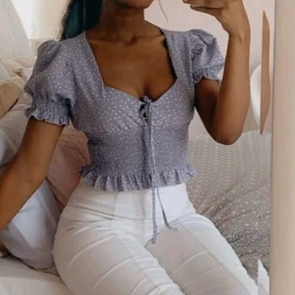 Lavender Lilac Polka Dot Frill Crop top - Picture 2 of 4